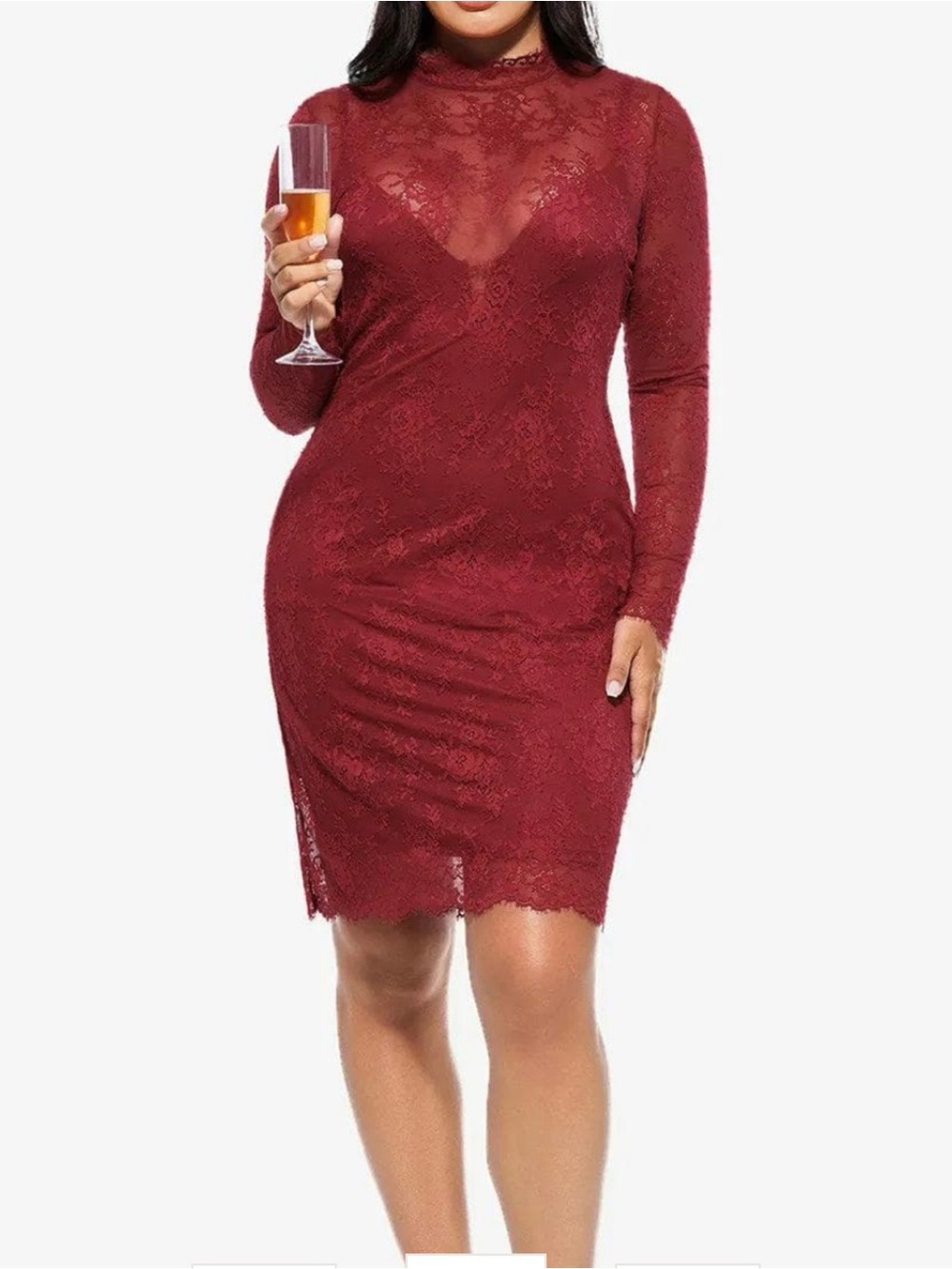 2piece Popilush Lace Sheath Dress Deep Red Long Sleeve Lace Bodycon  SMALL  NWT